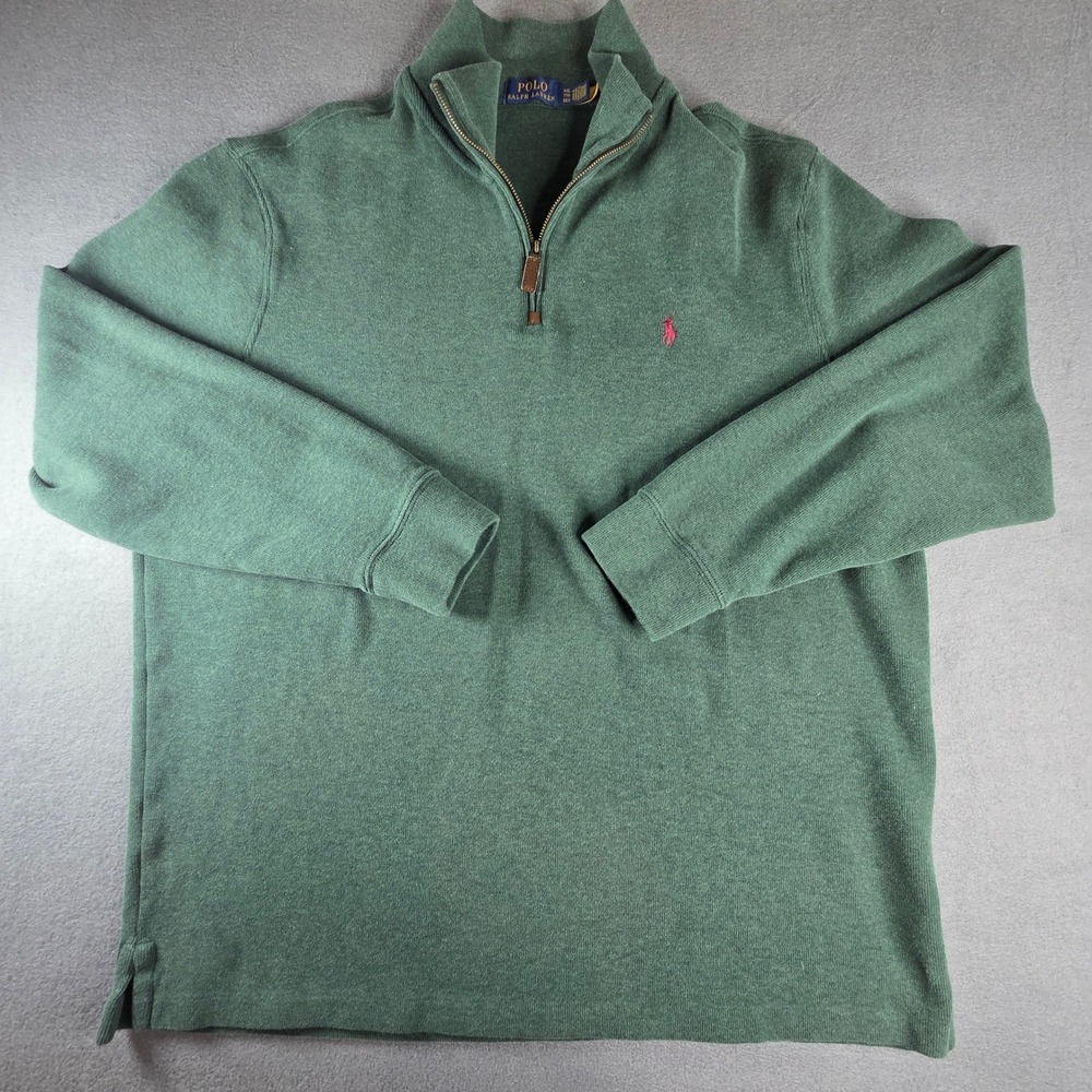 Polo Ralph Lauren Mens XXL Green Quarter Zip Pullover Sweater Red Pony Logo